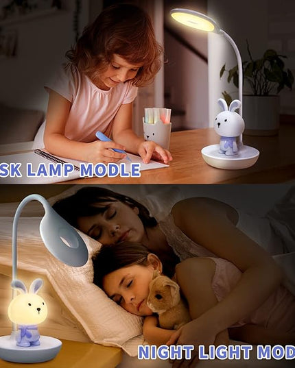 Kids Desk Lamp Pink, Dimming Desk Lamp for Girls with Exclusive Cartoon Look, Cute Night Light for Kids Bedroom, Eye-Caring LED Portable Reading Lamp for Child, Unique Gift (Blue Rabbit) - LeafyLoom