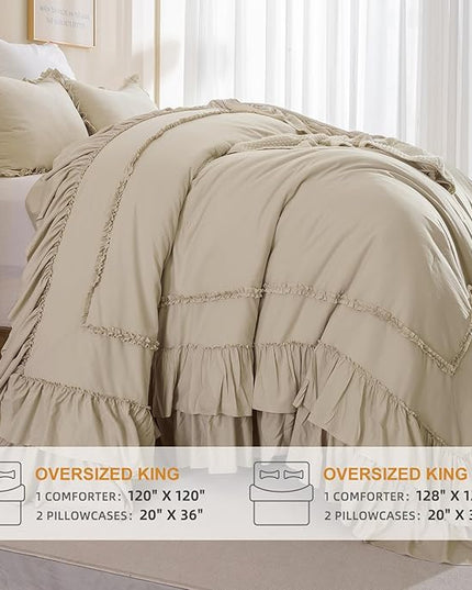 Oversized King Comforter 128x120,Farmhouse Shabby Boho Chic Ruffled Bedding Comforter Set,3pcs Extra Large King Size Wheat Ruffle Comforter Sets French Country Bedding Set Ultra Soft - LeafyLoom