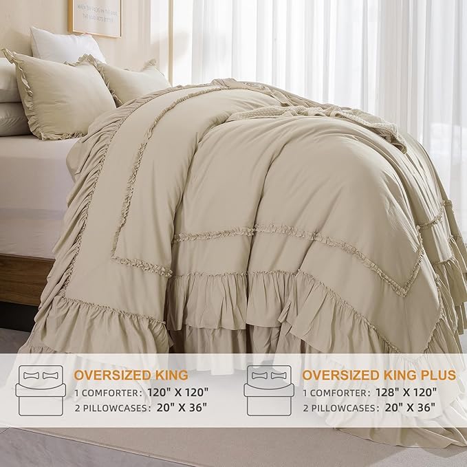 Oversized King Comforter 128x120,Farmhouse Shabby Boho Chic Ruffled Bedding Comforter Set,3pcs Extra Large King Size Wheat Ruffle Comforter Sets French Country Bedding Set Ultra Soft - LeafyLoom