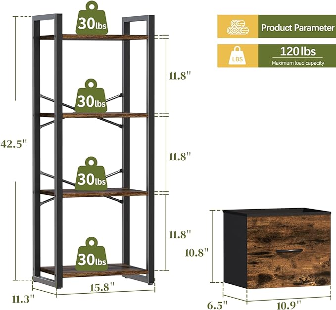 Yoobure Bookshelf, 4 Tier Book Shelf with Drawer, Small Bookcase Narrow Book Case, Industrial Bookshelves Shelf for Bedroom Living Room Office, Book Storage Organizer for CD/Movie Rustic Brown - LeafyLoom