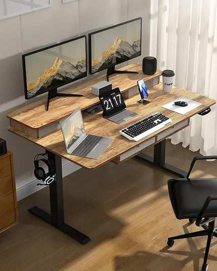 63 * 30 Inches Electric Standing Desk Adjustable Height with 4 Drawers, Double Storage Shelves Stand Up Desk, Home Office Workstation Sit Stand up Desk (Light Rustic Brown) - LeafyLoom