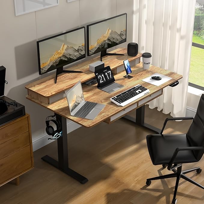 63 * 30 Inches Electric Standing Desk Adjustable Height with 4 Drawers, Double Storage Shelves Stand Up Desk, Home Office Workstation Sit Stand up Desk (Light Rustic Brown) - LeafyLoom