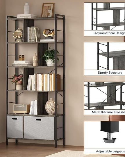 armocity 74 Inch Tall Bookshelf, 6 Tier Bookcase with Drawers, Modern Book Shelf Display Standing Shelf Units with Storage, Wood and Metal Bookshelves for Living Room, Bedroom, Home Office, Grey Oak - LeafyLoom