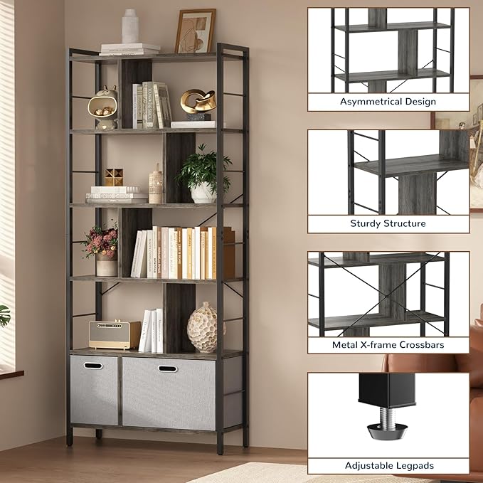 armocity 74 Inch Tall Bookshelf, 6 Tier Bookcase with Drawers, Modern Book Shelf Display Standing Shelf Units with Storage, Wood and Metal Bookshelves for Living Room, Bedroom, Home Office, Grey Oak - LeafyLoom
