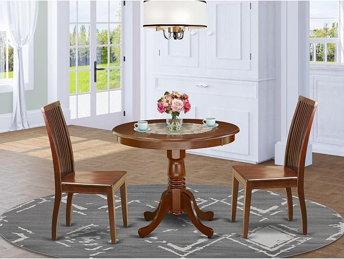 East West Furniture ANIP3-MAH-W 3 Piece Set Contains a Round Dining Room Table with Pedestal and 2 Wood Seat Chairs, 36x36 Inch - LeafyLoom