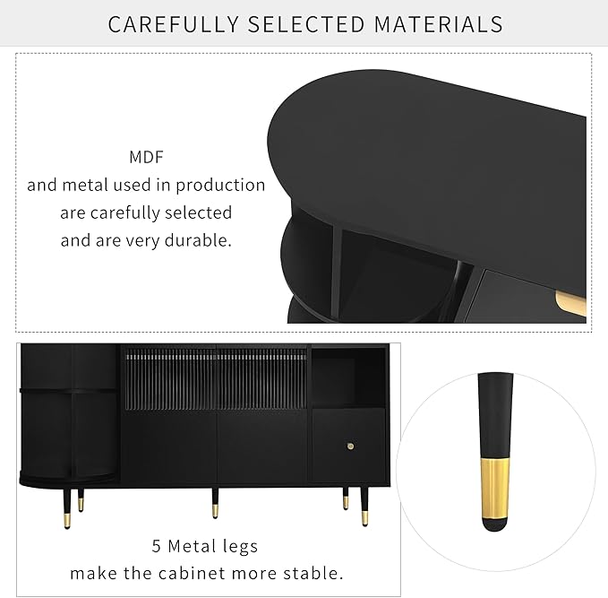 51.1" Rotating Storage Cabinet Sideboard with 2 Doors of Tempered Changhong Glass and 2 Drawers,Wooden Console Table,w/Built-in Shelves & Turntable,for Living Room,Black - LeafyLoom