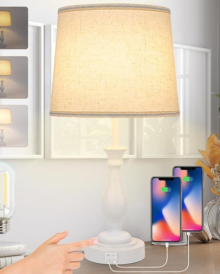 Farmhouse Table Lamp Touch Control 3-Way Dimmable Table Lamp, Modern Nightstand Lamp with 2 USB Port Bedside Desk Lamp with Fabric Shade for Living Room Bedroom Hotel (Pack-01 White) - LeafyLoom