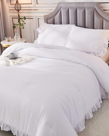 Andency White Comforter Full Size, 3 Pieces Solid Farmhouse Shabby Chic Ruffle Bedding Sets, All Season Soft Lightweight Comfy Down Alternative Bed Set for Girls Teens Men Women - LeafyLoom