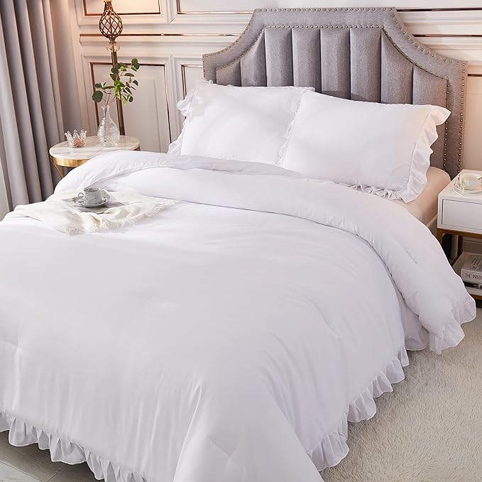 Andency White Comforter Full Size, 3 Pieces Solid Farmhouse Shabby Chic Ruffle Bedding Sets, All Season Soft Lightweight Comfy Down Alternative Bed Set for Girls Teens Men Women - LeafyLoom