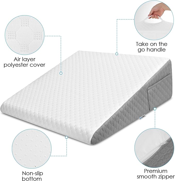 Forias 7.5" Wedge Pillow for Sleeping Bed Wedge Pillow for After Surgery Triangle Elevated Pillow Wedge for Acid Reflux Gerd Snoring Back Pain, Air Layer Removable Machine Wash Cover | Memory Foam Top - LeafyLoom