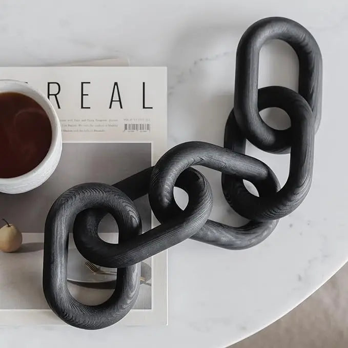 Wood Chain Link Decor - modern coffee table decor items, black chain decor for coffee table, wooden decorative chain, bookshelf decor, shelf decor accents, table decorations for living room - LeafyLoom