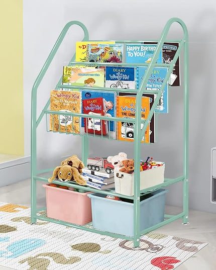 aboxoo Metal Kids Bookshelf Green Bookcase Freestanding for Children Room 24 in Toy Organizer Green Stable Bookcase Bookstore Library Book Unit Storage - LeafyLoom