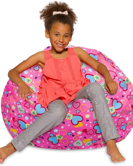 Posh Creations Bean Bag Chair for Kids, Teens, and Adults Includes Removable and Machine Washable Cover, Canvas Multi-Colored Hearts on Pink, 38in - Large - LeafyLoom