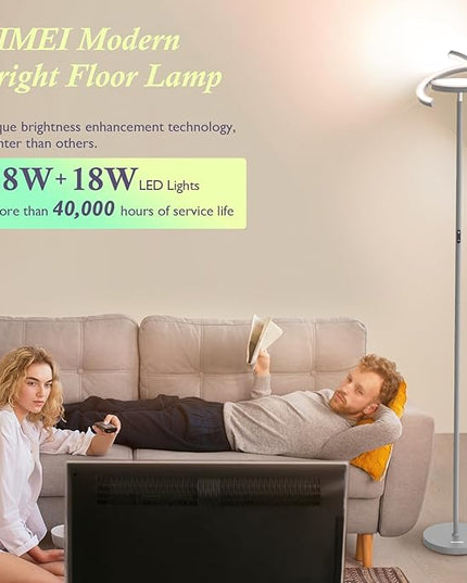 FIMEI Modern LED Floor Lamp Saturn Ring Original Design, Stepless Dimming and 3 Color Temperature, Rotatable and Independent Control of Round Light and Ring Light for Living Room Bedroom Office, Gray - LeafyLoom
