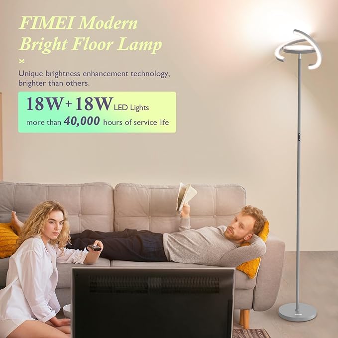 FIMEI Modern LED Floor Lamp Saturn Ring Original Design, Stepless Dimming and 3 Color Temperature, Rotatable and Independent Control of Round Light and Ring Light for Living Room Bedroom Office, Gray - LeafyLoom