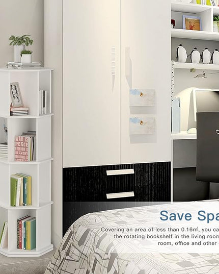 4 Tier Rotating Bookshelf, Wooden Spinning Bookshelf Tower, 360 Display Revolving Bookshelf Floor Standing Corner Narrow Revolving Bookcase for Living Room, Bedroom, White - LeafyLoom