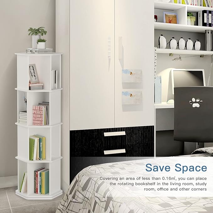 4 Tier Rotating Bookshelf, Wooden Spinning Bookshelf Tower, 360 Display Revolving Bookshelf Floor Standing Corner Narrow Revolving Bookcase for Living Room, Bedroom, White - LeafyLoom