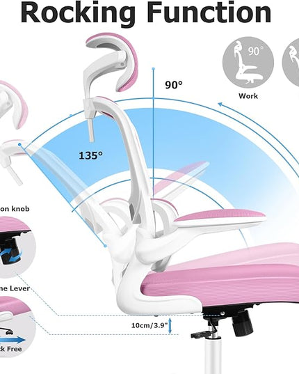 Ergonomic Office Desk Chair, High Back Mesh Chair with Lumbar Support and Adjustable Headrest, Computer Gaming Chair with Flip-up Armrests, Executive Swivel Chair for Home Office (Pink) - LeafyLoom