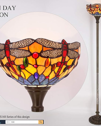 WERFACTORY Tiffany Floor Lamp Orange Blue Stained Glass Dragonfly Light 12X12X66 Inches Torchiere Standing Corner Torch Uplight Decor Bedroom Living Room Home Office S168 Series - LeafyLoom