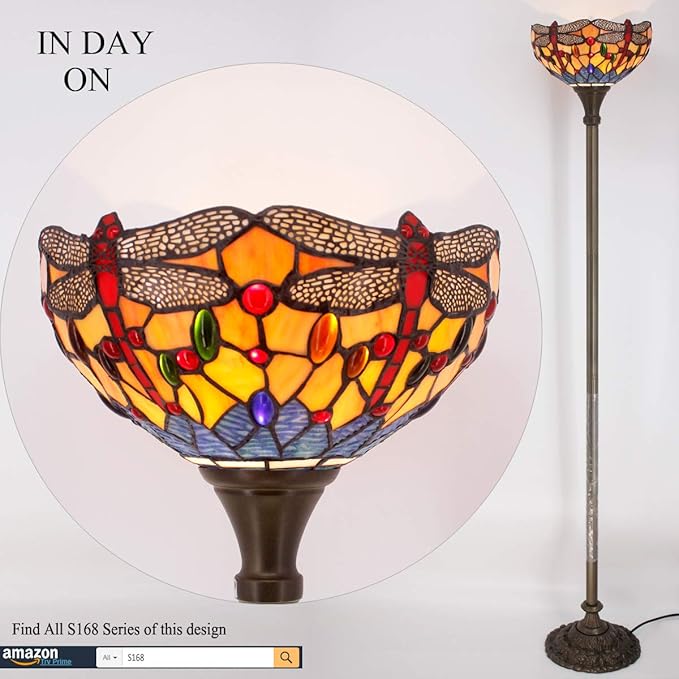 WERFACTORY Tiffany Floor Lamp Orange Blue Stained Glass Dragonfly Light 12X12X66 Inches Torchiere Standing Corner Torch Uplight Decor Bedroom Living Room Home Office S168 Series - LeafyLoom