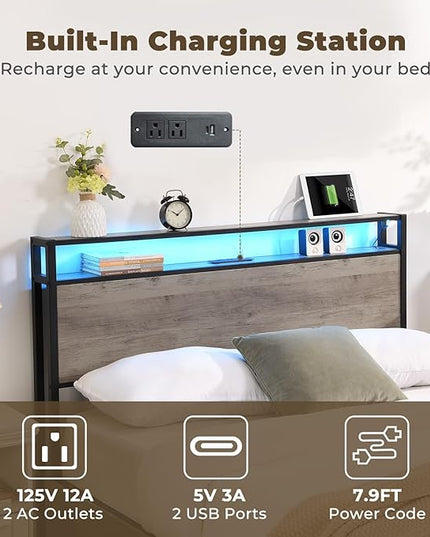 LED Queen Bed Frame with 4 Storage Drawers & Charging Station, Platform Metal Bed Frame with Headboard, Noise-Free, No Box Spring Needed, Ancient Gray - LeafyLoom