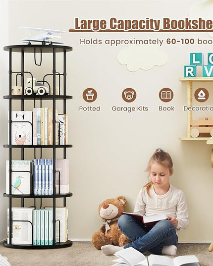 Rotating Bookshelf, 4 Tier Spinning Bookshelf Tower, 360° Display Unique Round Bookcase, Floor Standing Corner Revolving Bookshelf Storage Organizer for Small Spaces, Home Study Office, Black - LeafyLoom