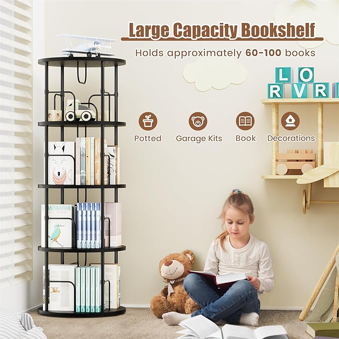 Rotating Bookshelf, 4 Tier Spinning Bookshelf Tower, 360° Display Unique Round Bookcase, Floor Standing Corner Revolving Bookshelf Storage Organizer for Small Spaces, Home Study Office, Black - LeafyLoom
