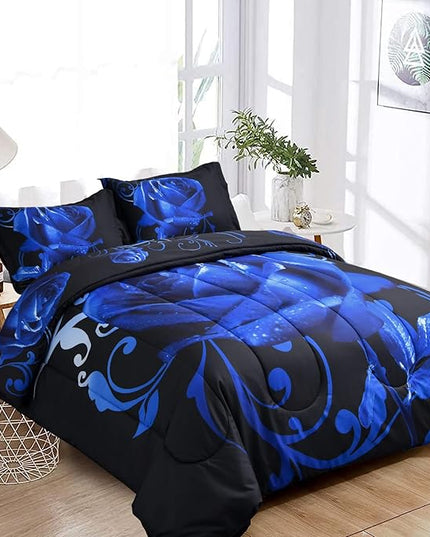 WONGS BEDDING Blue Comforter Set King Reversible Blue Rose Pattern Printed Bedding Comforter Set with 2 Pillowcases for All Seasons, Soft Microfiber Filling Bedding Set 103"x90" - LeafyLoom