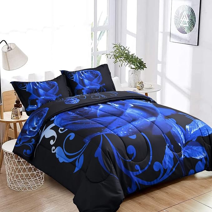 WONGS BEDDING Blue Comforter Set King Reversible Blue Rose Pattern Printed Bedding Comforter Set with 2 Pillowcases for All Seasons, Soft Microfiber Filling Bedding Set 103"x90" - LeafyLoom