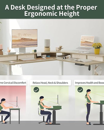 FEZIBO 63" L Shaped Standing Desk with 4 Drawers, Electric Standing Gaming Desk Adjustable Height, Corner Stand up Desk with Splice Board, White Frame/Light Walnut Top - LeafyLoom