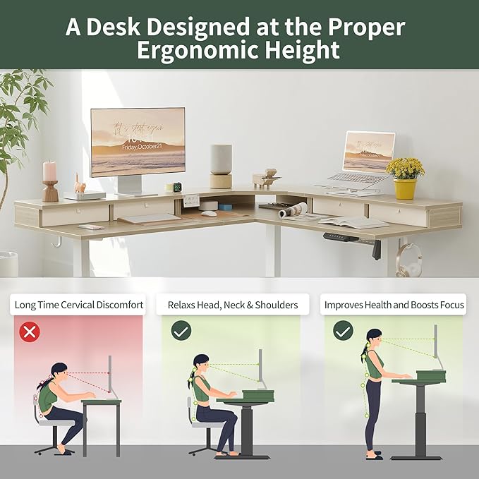 FEZIBO 63" L Shaped Standing Desk with 4 Drawers, Electric Standing Gaming Desk Adjustable Height, Corner Stand up Desk with Splice Board, White Frame/Light Walnut Top - LeafyLoom