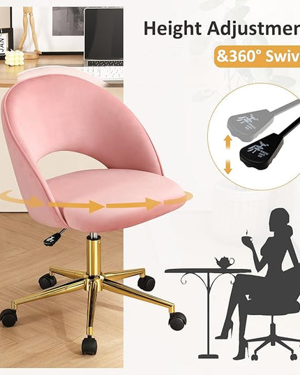 Furniliving Pink Vanity Chair, Cute Desk Chairs for Girls with Back, Rolling Upholstered Accent Chair for Living Room/Makeup Room/Bedroom, Pink - LeafyLoom