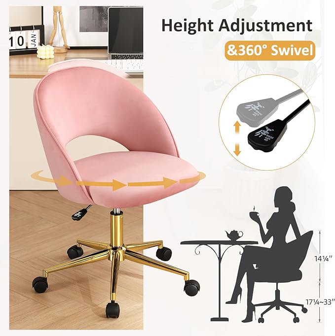 Furniliving Pink Vanity Chair, Cute Desk Chairs for Girls with Back, Rolling Upholstered Accent Chair for Living Room/Makeup Room/Bedroom, Pink - LeafyLoom