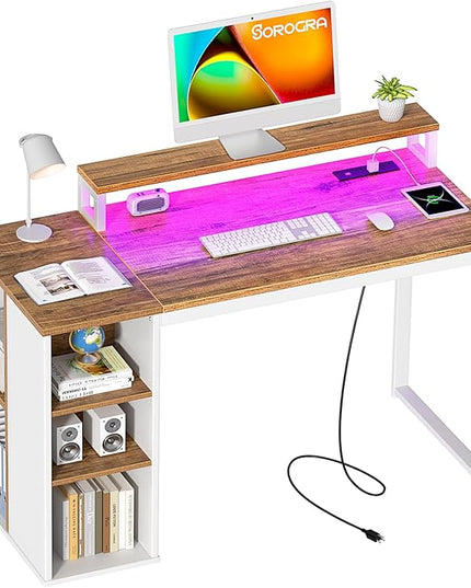 Small Computer Desk with LED Lights and Power Outlets 39.4 inch Home Office Desk with Storage Shelves, Writing Desk with Monitor Stand for Bedroom,Workstation, Walnut - LeafyLoom