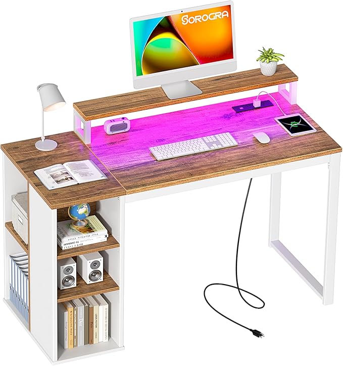 Small Computer Desk with LED Lights and Power Outlets 39.4 inch Home Office Desk with Storage Shelves, Writing Desk with Monitor Stand for Bedroom,Workstation, Walnut - LeafyLoom
