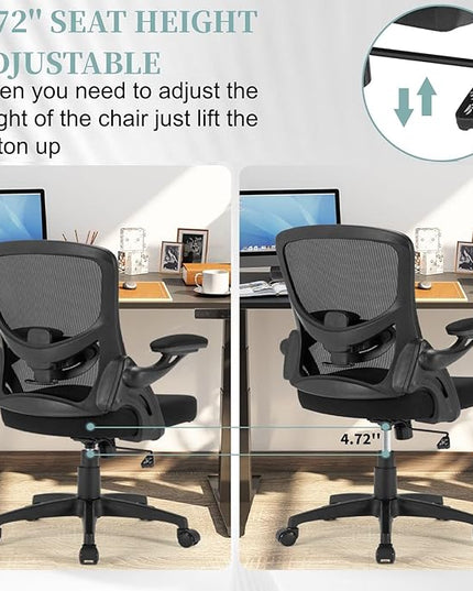 Ergonomic Mesh Office Chair, Comfy Desk Chair with Flip up Armrests, Swivel Computer Desk Chair with Adjustable Lumbar Support and Height for Home Office, 300 lbs Capacity - LeafyLoom