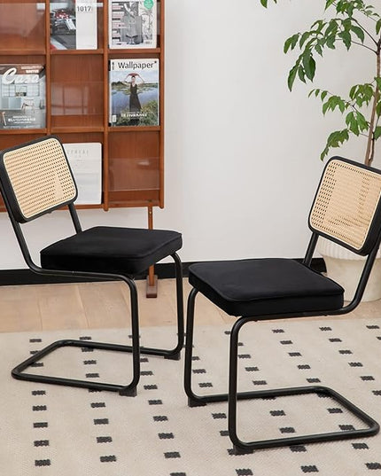 Dining Chairs Set of 2, Velvet Rattan Side Accent Chairs with Chrome Legs, Modern Mid Century Breuer Designed Chairs, Upholstered Dining Living Room Kitchen Chairs (Black-2pcs) - LeafyLoom