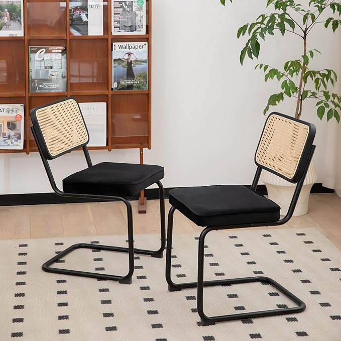 Dining Chairs Set of 2, Velvet Rattan Side Accent Chairs with Chrome Legs, Modern Mid Century Breuer Designed Chairs, Upholstered Dining Living Room Kitchen Chairs (Black-2pcs) - LeafyLoom