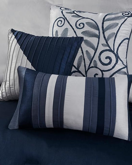 Madison Park Amherst Faux Silk Comforter Set-Casual Contemporary Design All Season Down Alternative Bedding, Matching Shams, Bedskirt, Decorative Pillows, King(104"x92"), Navy, 7 Piece (MP10-2208) - LeafyLoom