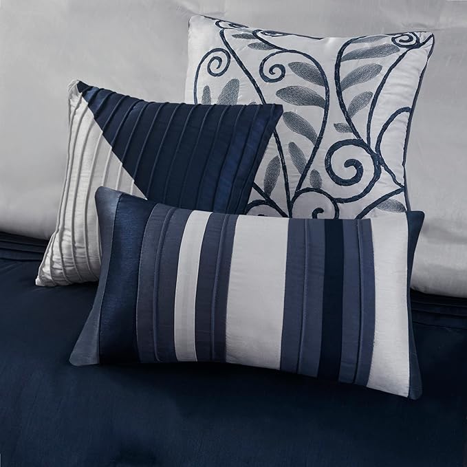 Madison Park Amherst Faux Silk Comforter Set-Casual Contemporary Design All Season Down Alternative Bedding, Matching Shams, Bedskirt, Decorative Pillows, King(104"x92"), Navy, 7 Piece (MP10-2208) - LeafyLoom