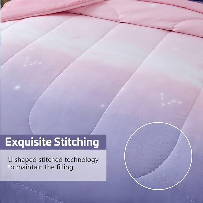 Girls Comforter Set Twin XL Size 6 Pieces Colorful Ombre Pink Purple Rainbow Bedding Set Bed in A Bag for Kids Teen Girls (1 Comforter, 1 Flat Sheet, 1 Fitted Sheet, 1 Pillow sham, 2 Pillowcases) - LeafyLoom