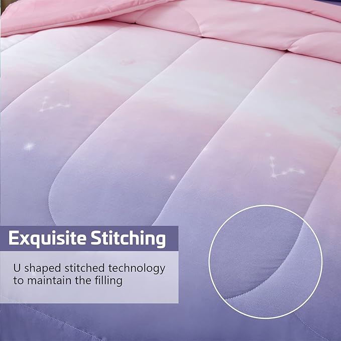 Girls Comforter Set Twin Size 6 Pieces Bed in A Bag Colorful Ombre Pink Purple Rainbow Bedding Set for Kids Teen (1 Comforter, 1 Flat Sheet, 1 Fitted Sheet, 1 Pillow sham, 2 Pillowcases) - LeafyLoom