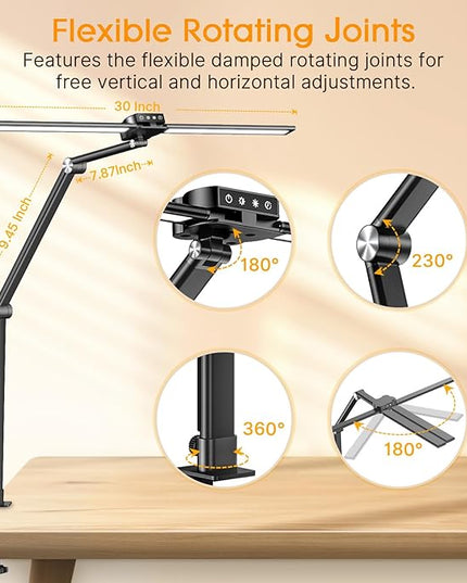 Syrinx Desk Lamp, Architect Desk Lamps for Home Office with Gesture Sensor Switch, 24W Bright Double Head Table Lamp with Clamp, Touch Control, Timer, 5 Dimming and 3 Tempering LED Desk Light - LeafyLoom