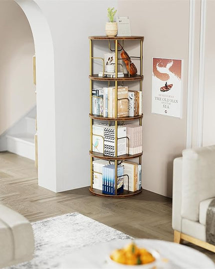 Rotating Bookshelf, 4 Tier Spinning Bookshelf Tower, 360° Display Unique Round Bookcase, Floor Standing Corner Revolving Bookshelf Storage Organizer for Small Spaces, Home Study Office, Gold - LeafyLoom