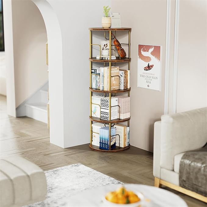 Rotating Bookshelf, 4 Tier Spinning Bookshelf Tower, 360° Display Unique Round Bookcase, Floor Standing Corner Revolving Bookshelf Storage Organizer for Small Spaces, Home Study Office, Gold - LeafyLoom