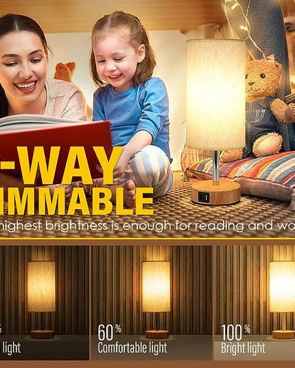 Yarra-Decor Bedside Lamp with USB A+C Port - Touch Control Table Lamp for Bedroom Wood 3 Way Dimmable Nightstand Lamp with Round Flaxen Fabric Shade for Home Office (LED Bulb Included) - LeafyLoom