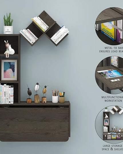 Folding Wall Mounted Drop Leaf Table, Foldable Desk with Moveable Cabinets, Floating Laptop with Convertible Storage Shelves, Multifunctional Computer Workstation in Home (Dark Grey) - LeafyLoom
