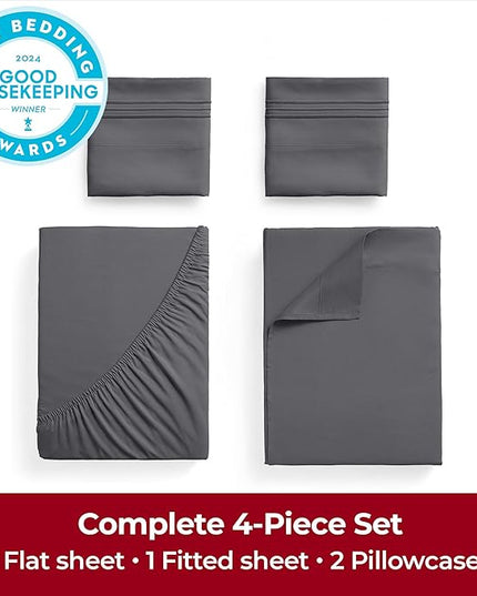 Mellanni Full Sheets Set - 4 PC Iconic Collection Bedding Sheets & Pillowcases - Hotel Luxury, Extra Soft, Cooling Bed Sheets - Deep Pocket up to 16 inch (Full, Gray) - LeafyLoom