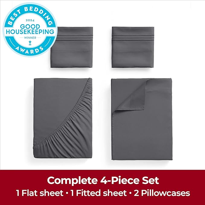Mellanni California King Sheets Set - 4 PC Iconic Collection Bedding Sheets & Pillowcases - Hotel Luxury, Extra Soft, Cooling Bed Sheets - Deep Pocket up to 16 inch (Cal King, Gray) - LeafyLoom