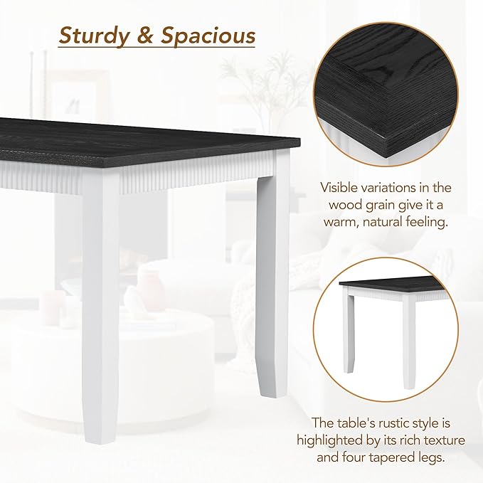 6-Piece Wood Dining Table Set with 4 Upholstered Chairs and Bench, for Kitchen Living Room, Farmhouse Rustic Style, 60" L x 36" W x 30" H, White+Gray(PU Leather) - LeafyLoom